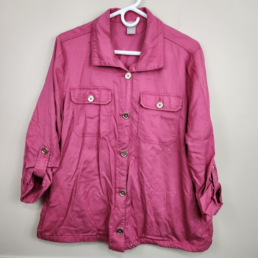 Chico's Jacket Chunky Button Up Boho Lagenlook‎ Layer Salmon Gold Pink SZ 12/14